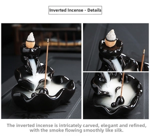 Detailed macro view of black ceramic backflow incense burner with lotus leaf design and smoke
