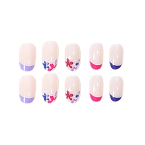Short oval press-on nails with colorful French tips and floral patterns, set of 10 pieces