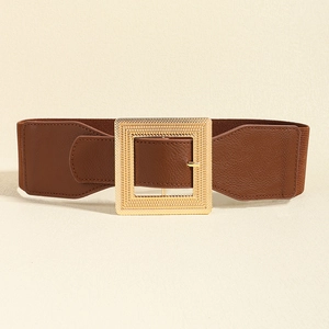Close-up of brown elastic waist belt featuring a gold square buckle with textured metal