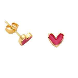 Minimalist 18K gold heart studs with red enamel and beaded edge on white background
