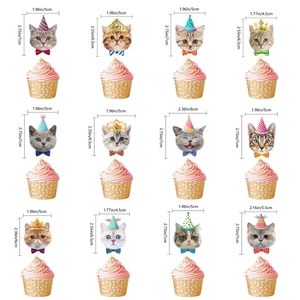 Cat theme birthday cupcake toppers featuring 12 cute designs with hats and bows