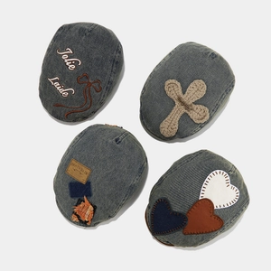 Vintage Washed Denim Beret For Women Korean Style Distressed Painter Hat With Letter Embroidery Bow Heart Cross Patchwork