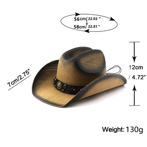 Detailed dimensions of western cowboy hat with leather band and metal studs