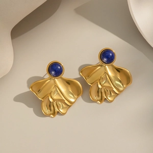 French retro geometric lapis lazuli earrings with irregular gold petal design