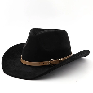Classic black faux suede cowboy hat featuring a brown leather band and gold buckle detail