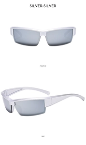 Front and side views of futuristic silver Y2K cycling sunglasses in metallic finish