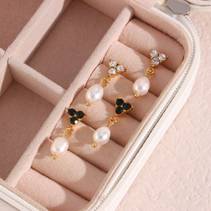 Luxurious 18K gold plated stainless steel pearl earrings with zircon and green gemstones