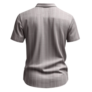 Detailed back view of men's short sleeve striped shirt in grey and white textured fabric