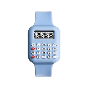 Detailed view of blue silicone calculator watch with LCD screen and digital numeric keypad