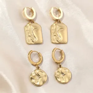 Stainless Steel Face Relief Sun Star Dangle Earrings For Women Gold Silver Plated Geometric Drop Earrings Fashion Jewelry