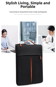 Close-up of black laptop sleeve with orange zipper and handle in a business setting