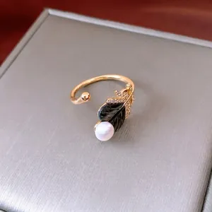 Elegant Feather Leaf Open Ring 18K Gold Plated Copper With Artificial Pearl Shell And Zircon For Women Luxury Style