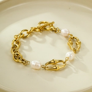 18K gold plated titanium chain bracelet with white pearls and unique bamboo link design