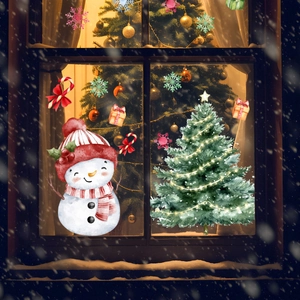 Cozy scene showing watercolor Christmas snowman and festive tree window decals