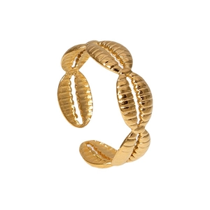 Adjustable gold titanium steel open ring with continuous shell leaf motifs for women