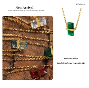 Detailed display of colorful geometric crystal necklaces with gold chain on wooden surface