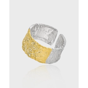 Korean Minimalist S925 Sterling Silver Wide Open Ring For Women Two-Tone Electroplated Lava Crinkled Foil Texture Adjustable Ring