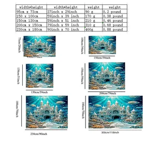 Size guide for Christmas tapestry showing dimensions in centimeters and inches for wall decor