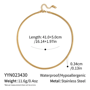 Detail of gold snake chain necklace in stainless steel with technical measurements