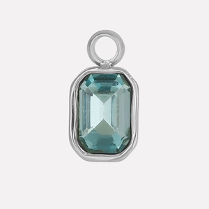 Close-up of a rectangular blue crystal pendant with silver stainless steel frame
