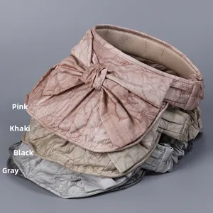 Detail of four color options for the wide brim sun hat with bow decoration and pleated texture
