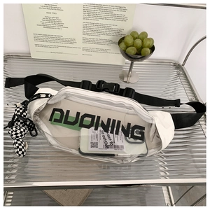 Detail of white clear PVC crossbody bag with checkerboard rabbit charm and black strap