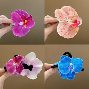Phalaenopsis Orchid Flower Hair Clip Fabric Faux Artificial Pearl Shark Claw Handmade Sweet Hair Accessories For Women Elegant