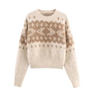 Women's crewneck knit sweater featuring a beige geometric jacquard pattern and fuzzy texture