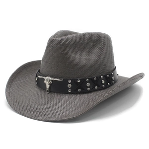 Western Cowboy Hat Straw Woven Bull Head Metal Decor Wide Brim Sun Protection Retro Style For Men Women