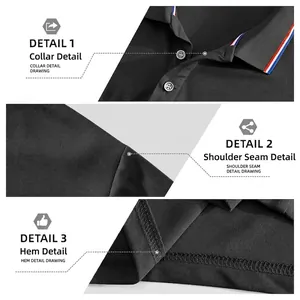 Black piqué polo shirt with tricolor tape collar, shoulder seams, and hem details