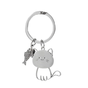 Silver stainless steel cat and fish bone keychain, cute cartoon animal hanging ornament