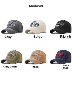 Detailed grid of vintage washed baseball caps in grey, beige, black, green, khaki, and navy