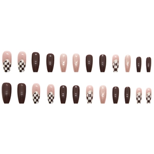 Chocolate brown long coffin press-on nails with luxury gold foil and checkerboard pattern