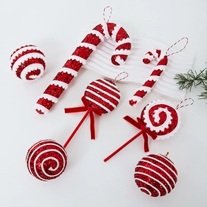 7-piece set of red and white Christmas foam ornaments with candy canes and lollipops