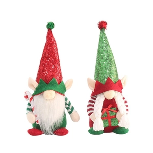 Sequin Christmas gnome plush set with candy cane and gift box in red and green colors