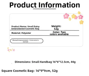 Detailed size specifications for daisy embroidered canvas makeup bags with dimensions