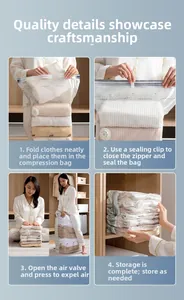 Detailed steps of using vacuum compression bag showing folding, sealing and air extraction