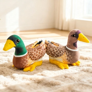 Plush mallard duck slippers with realistic feather pattern and soft yellow webbed feet