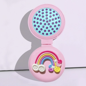 Pink folding mirror brush with blue bristles and 3D rainbow cloud cartoon design detail