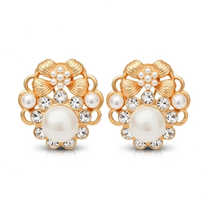 Vintage gold flower stud earrings with white pearls and sparkling crystal rhinestones