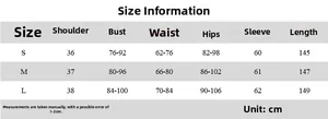 Detailed size guide table for slim fit long sleeve evening dress showing dimensions in cm