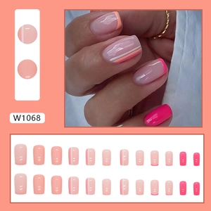 Pink French style press-on nails set with stripes and gradient shades, 24 pieces pack