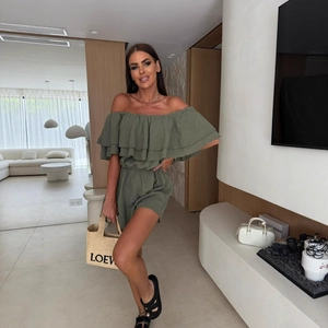 Sage green off-shoulder romper with ruffled neckline and elastic waist for summer