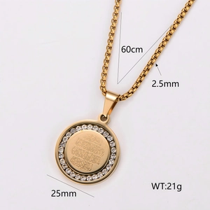 18k gold plated stainless steel necklace with Arabic calligraphy coin pendant and rhinestones