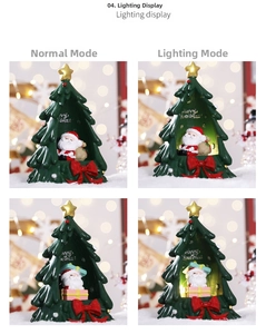 Detailed lighting comparison of resin Christmas tree decor with Santa Claus figurines