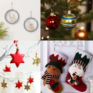 Variety of Christmas ornaments featuring stockings, star charms, and hooks for holiday decor