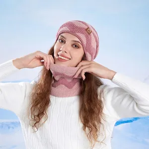 Women's pink two-piece knit hat and scarf set with wide stripes for winter warmth