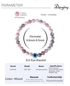 Dettagli dimensionali per bracciale elastico 6mm Evil Eye in pietra zebra rosa con tabella taglie