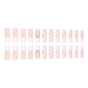 24pcs long square light pink french press on nails with white flower and rhinestone accents