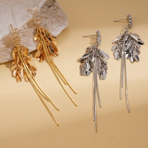 Leaf tassel earrings with cubic zirconia in gold and silver finish, elegant metal jewelry